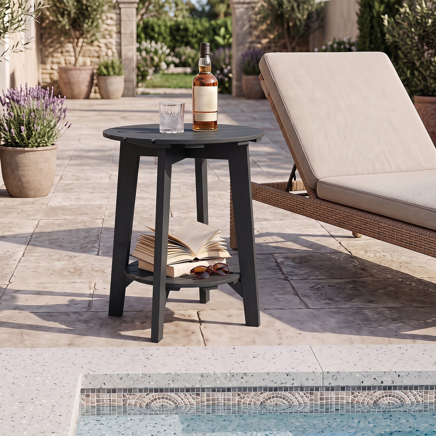Eucalyptus Wood Outdoor Side Table with Storage Shelf