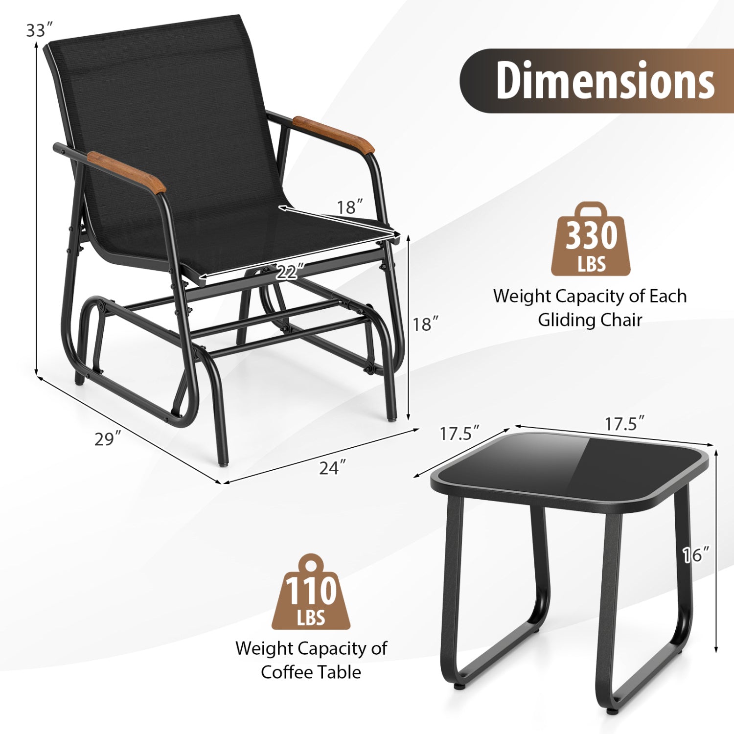 3-Piece Outdoor Glider Bistro Set with Tempered Glass Table
