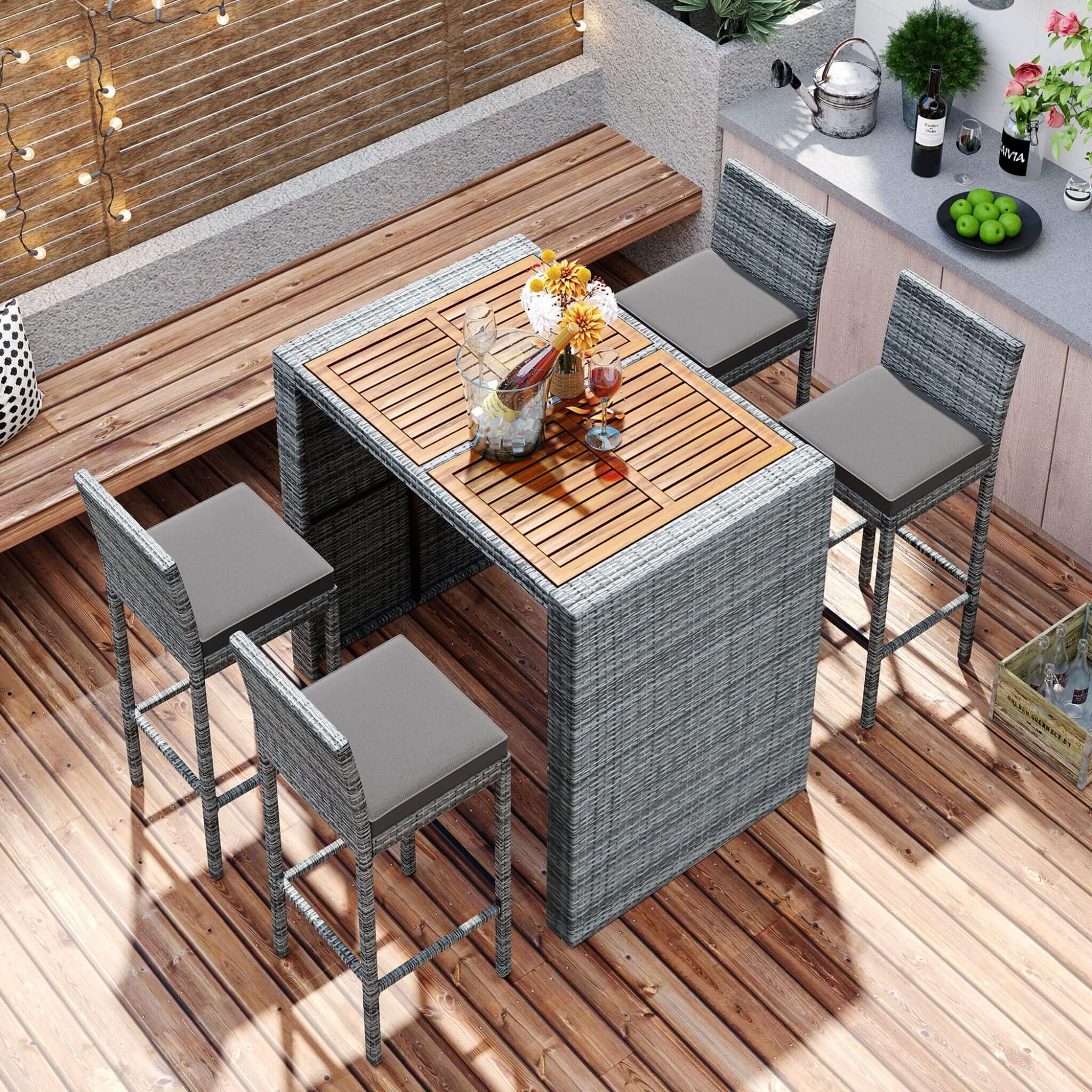 Alora 5-Piece Wicker Patio Bar Set With Cushions & Acacia Table (SAK26801)