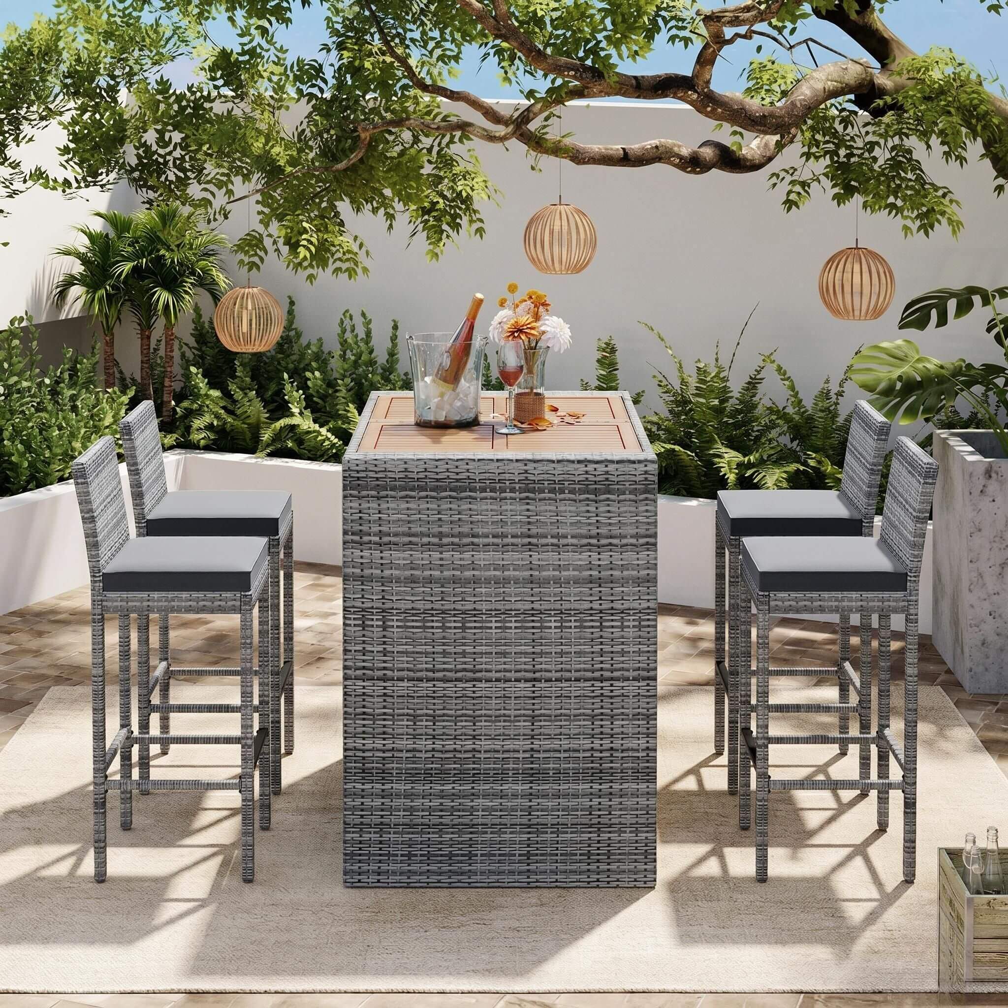 Alora 5-Piece Wicker Patio Bar Set With Cushions & Acacia Table (SAK26801)