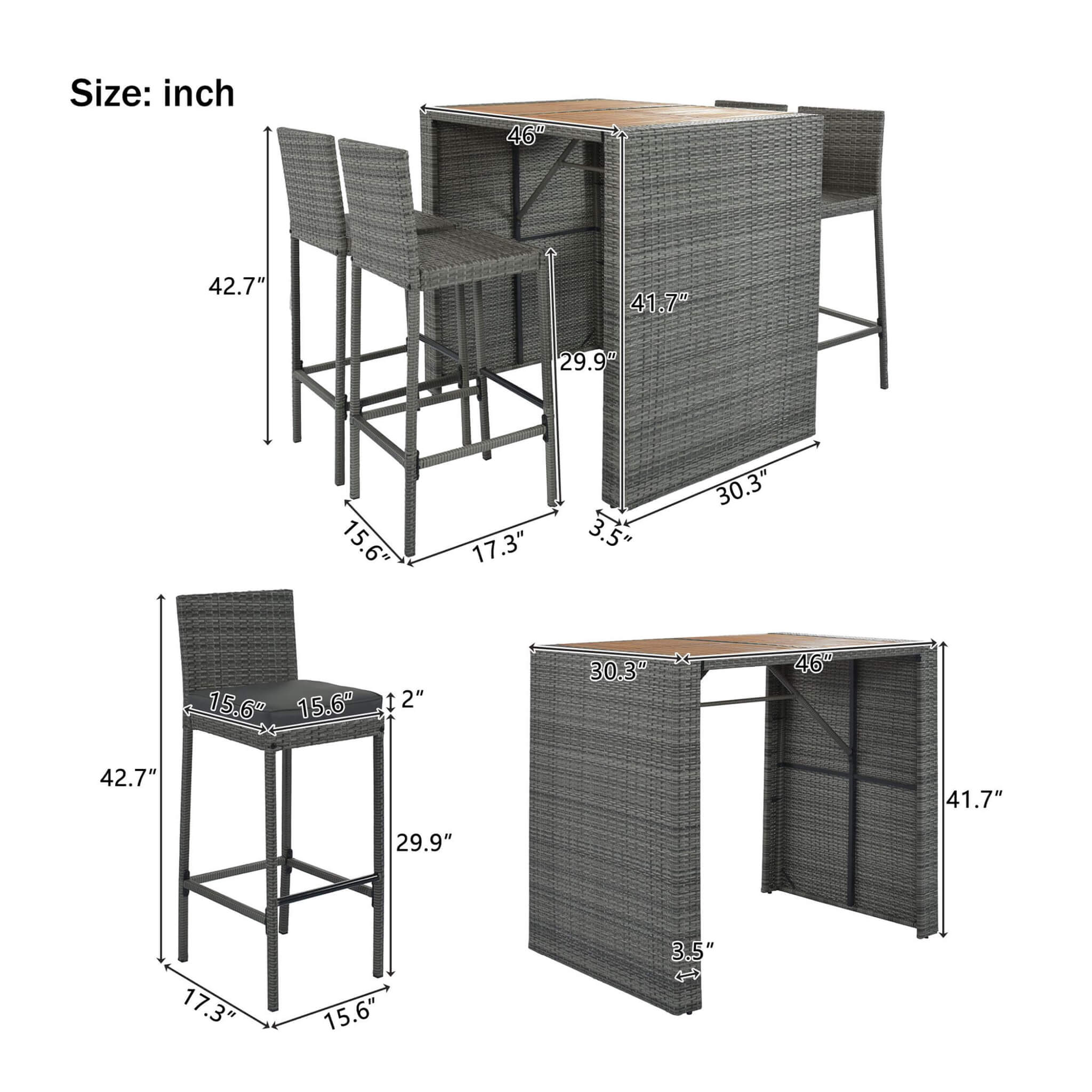 Alora 5-Piece Wicker Patio Bar Set With Cushions & Acacia Table (SAK26801)