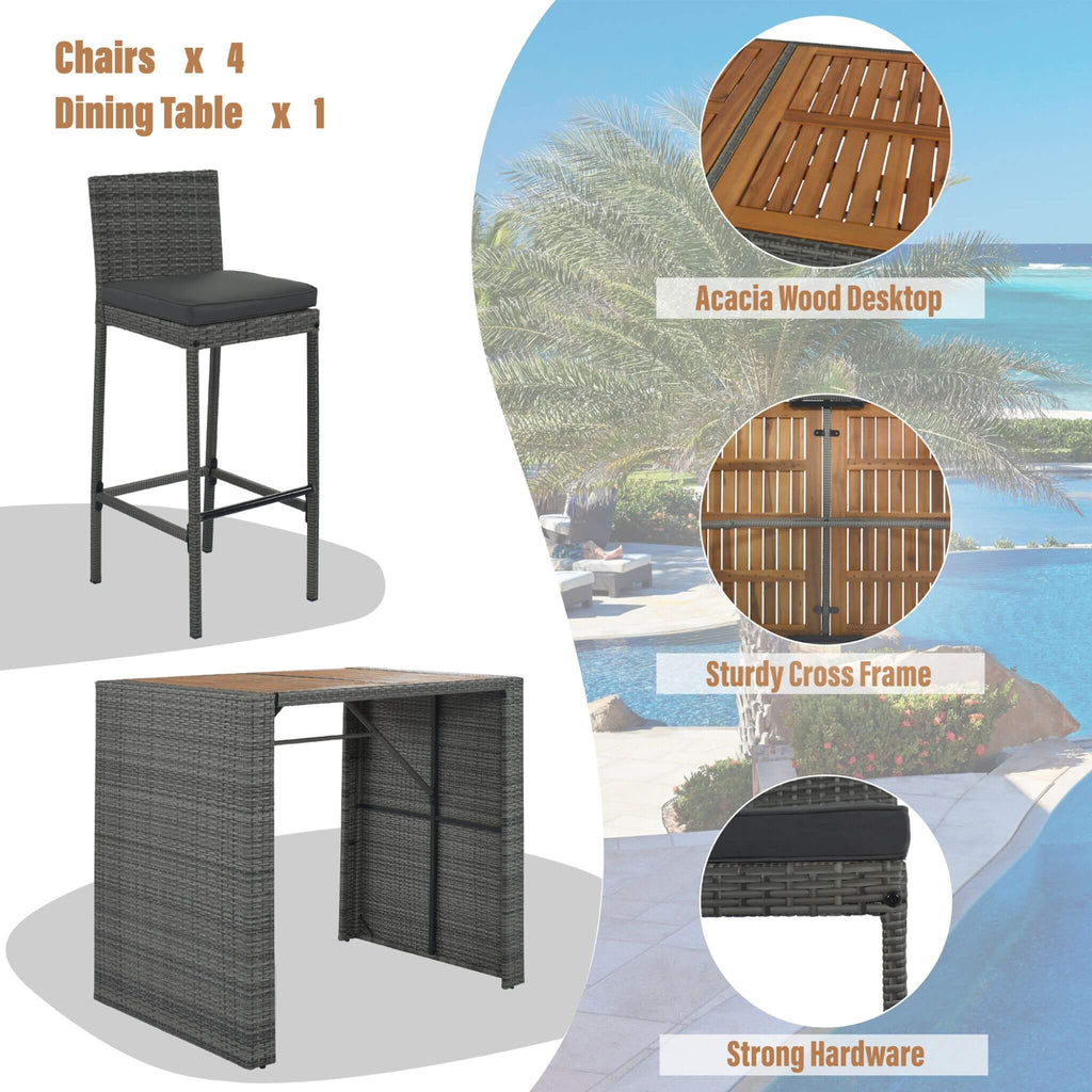 Alora 5-Piece Wicker Patio Bar Set With Cushions & Acacia Table (SAK26801)
