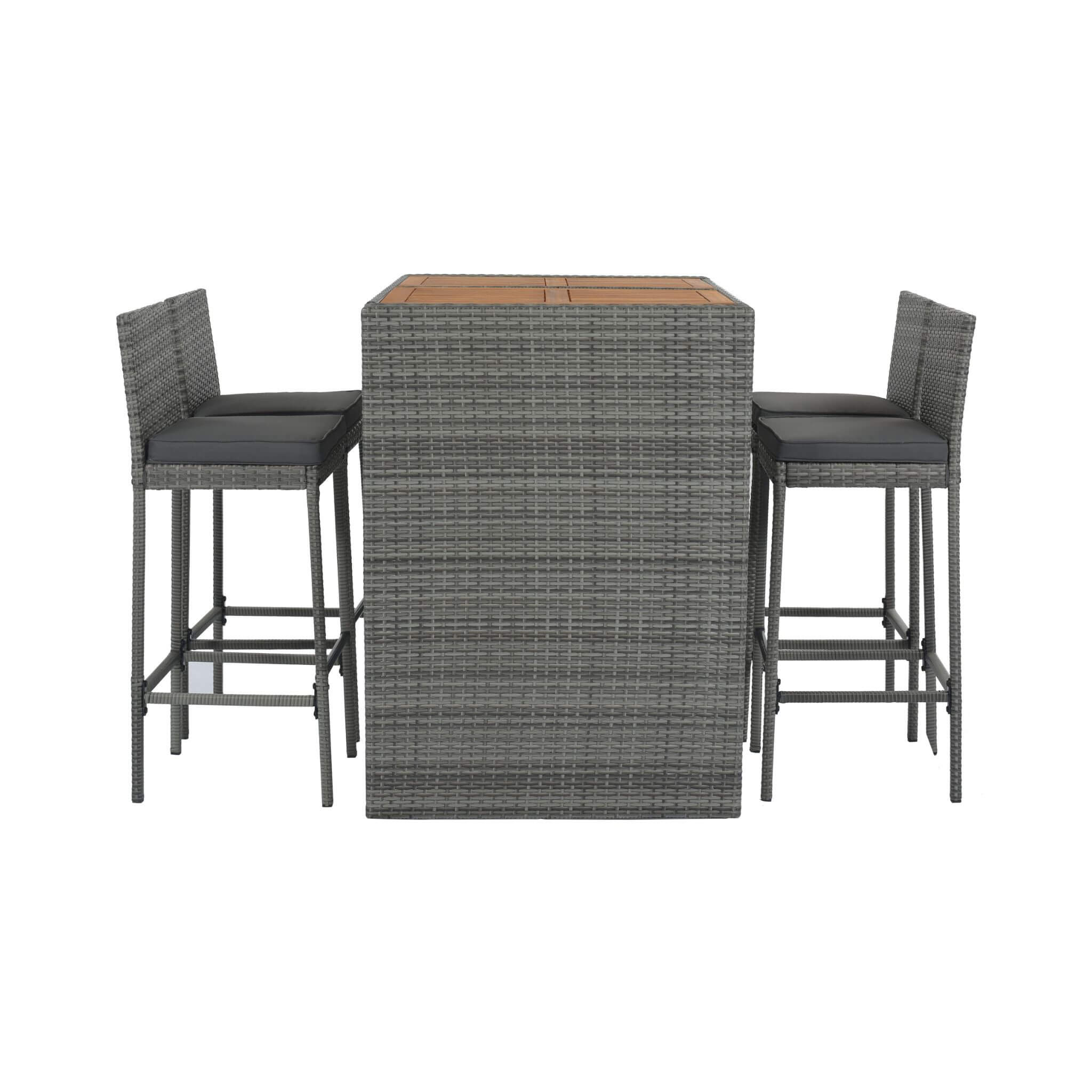 Alora 5-Piece Wicker Patio Bar Set With Cushions & Acacia Table (SAK26801)