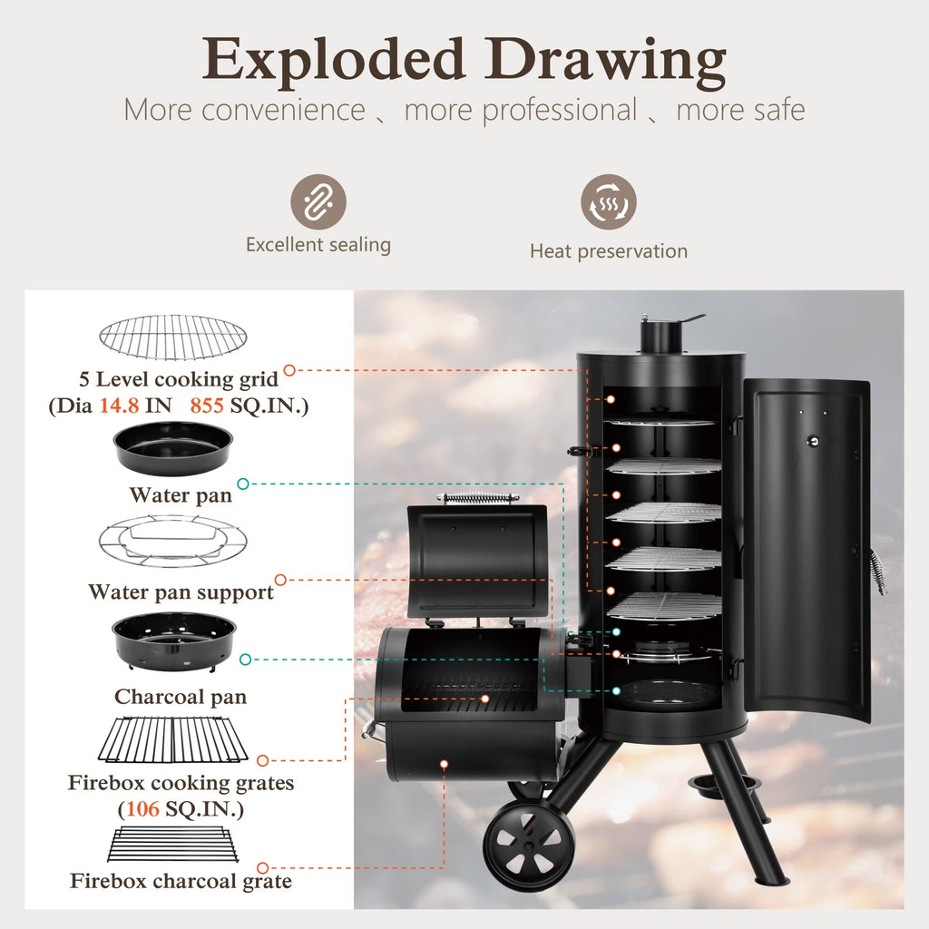 Vertical Charcoal Grill with Offset Smoker 961 Square Inches Extra Large BBQ