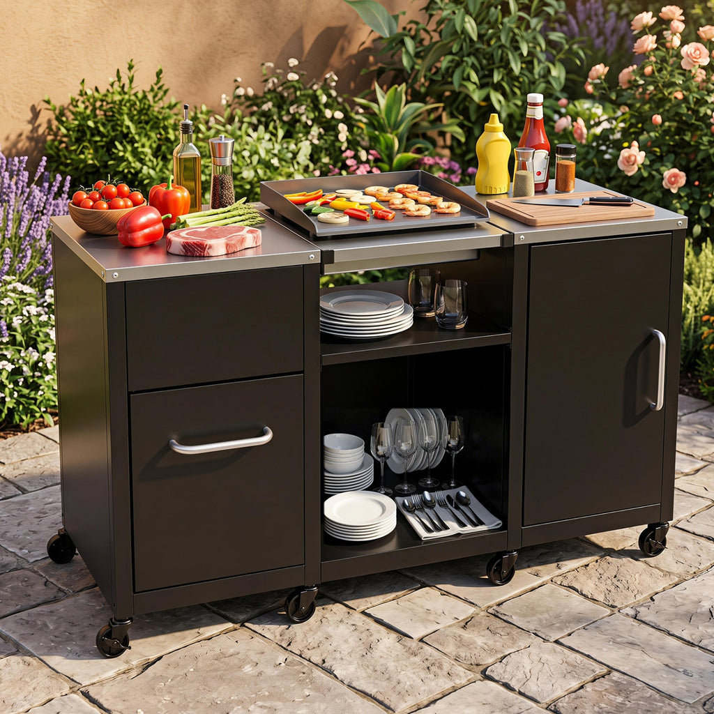 Outdoor Grill Table 59" with Removable Shelves & Storage