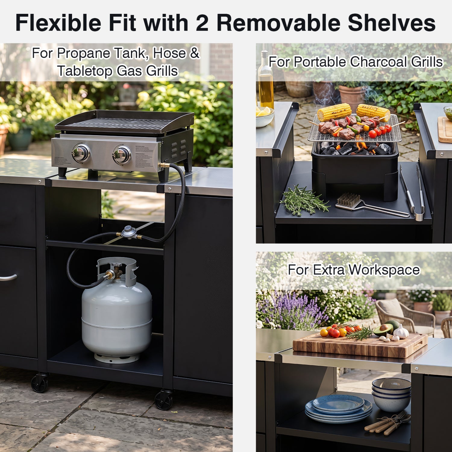 Outdoor Grill Table 59" with Removable Shelves & Storage