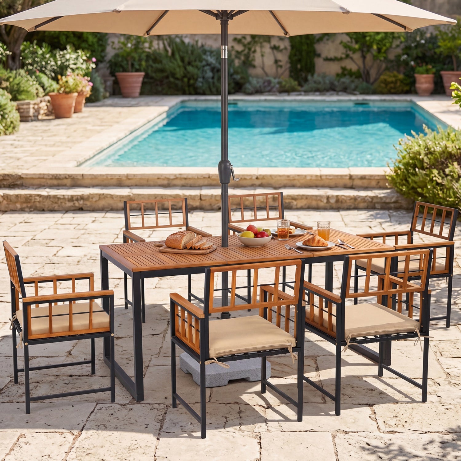 7-Piece Outdoor Dining Set with Acacia Wood Table & Chairs