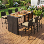 7-Piece Outdoor Wicker Bar Set with Acacia Wood Table & Stools