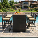 7-Piece Outdoor Wicker Bar Set with Acacia Wood Table & Stools