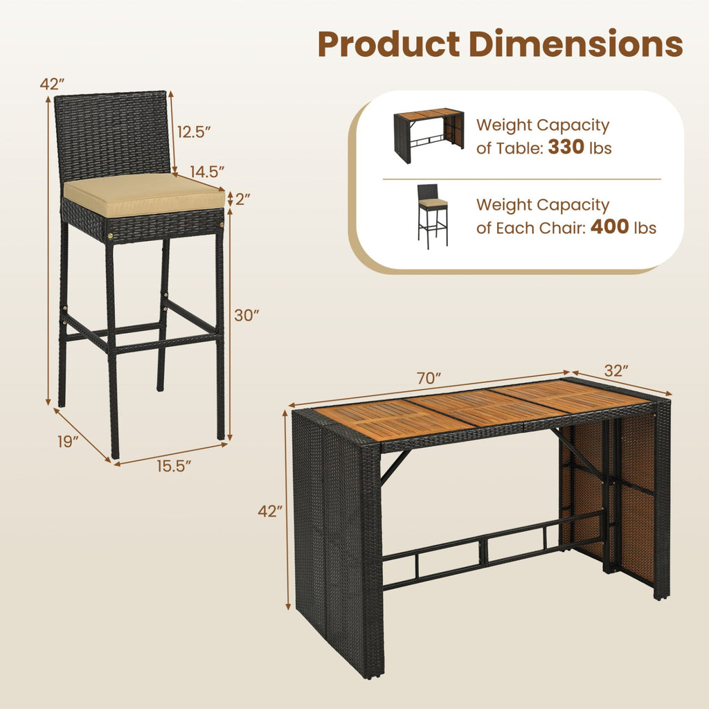 7-Piece Outdoor Wicker Bar Set with Acacia Wood Table & Stools