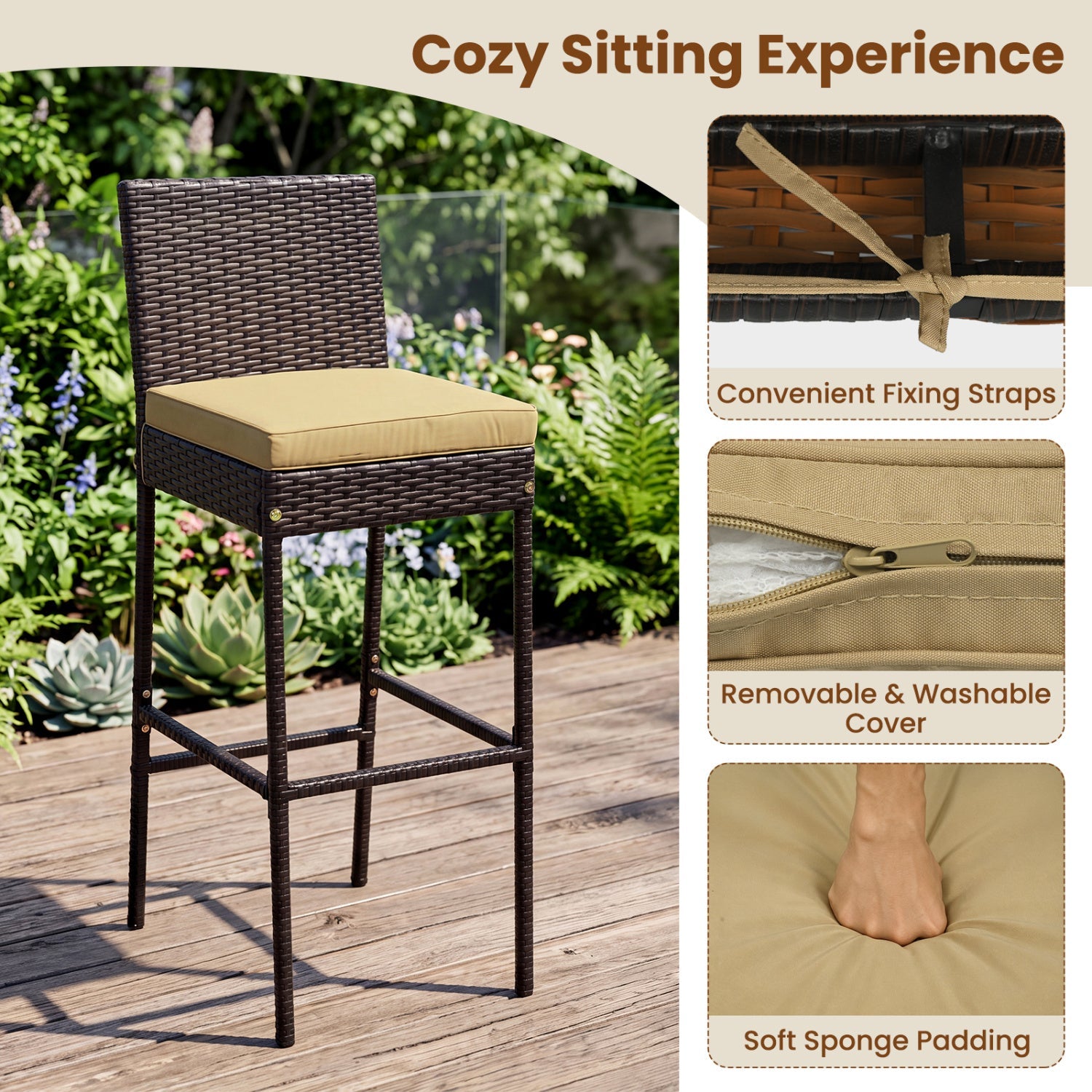 7-Piece Outdoor Wicker Bar Set with Acacia Wood Table & Stools