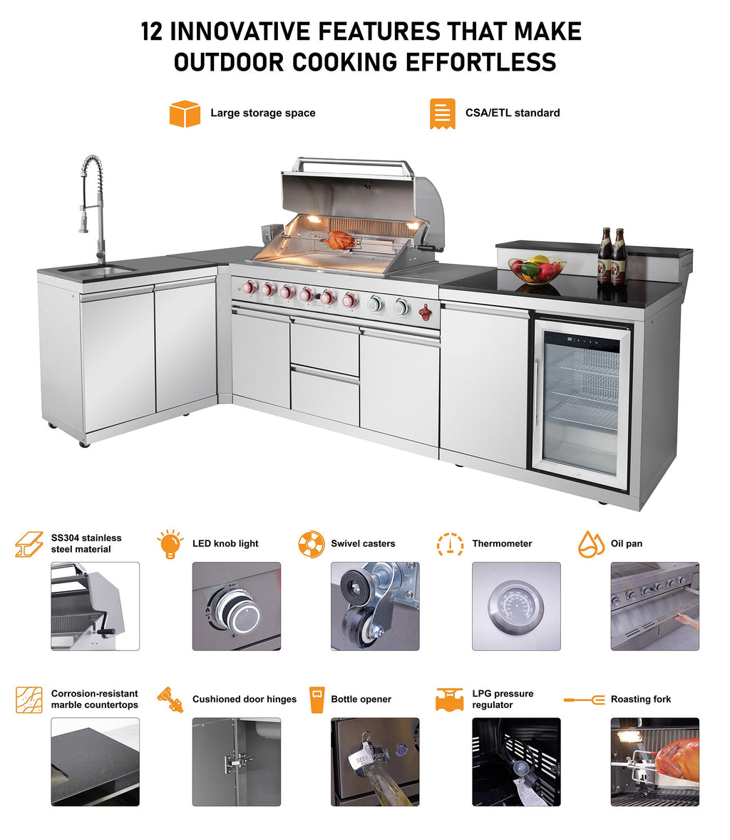 Outdoor Kitchen Island 85.2 Inch 4+1 Burner Propane Gas BBQ Grill 71500 BTU 304 Stainless Steel