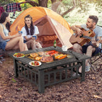 32 Inch Outdoor Fire Pit with Spark Screen Lid and Waterproof Cover, Square Metal Firepit Backyard Patio BBQ Garden Stove Firepl