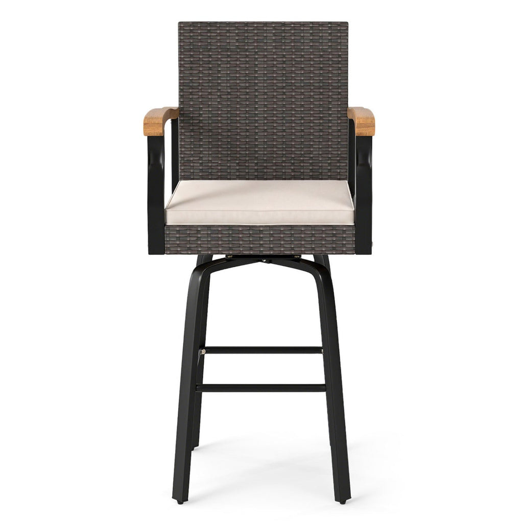 360° Swivel Outdoor Bar Stool with Cushion & Wood Armrests