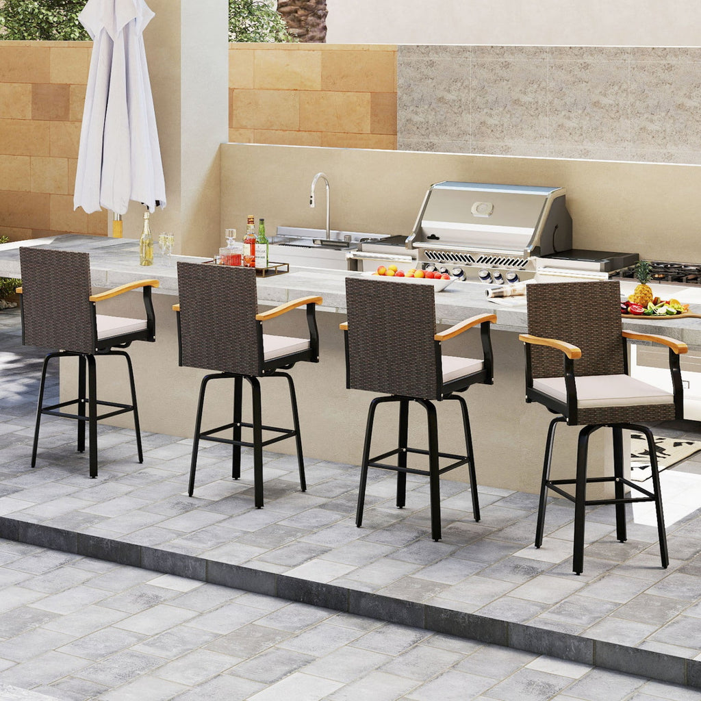 360° Swivel Outdoor Bar Stool with Cushion & Wood Armrests