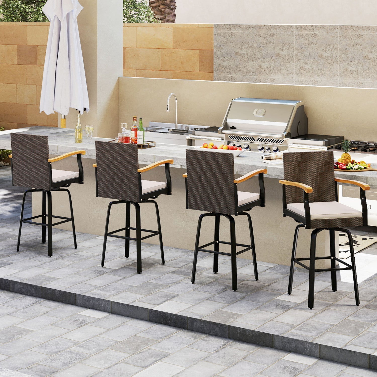 360° Swivel Outdoor Bar Stool with Cushion & Wood Armrests