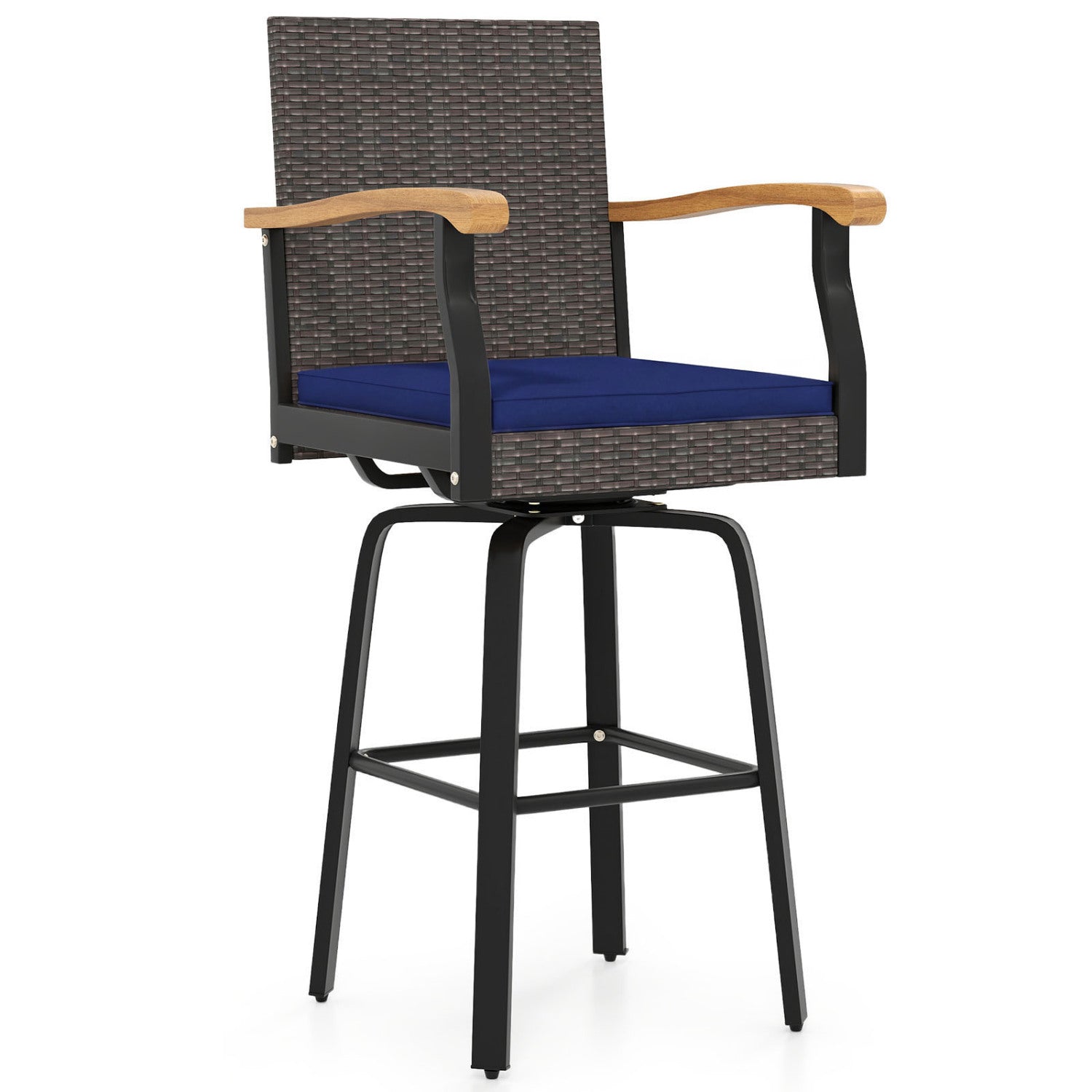360° Swivel Outdoor Bar Stool with Cushion & Wood Armrests