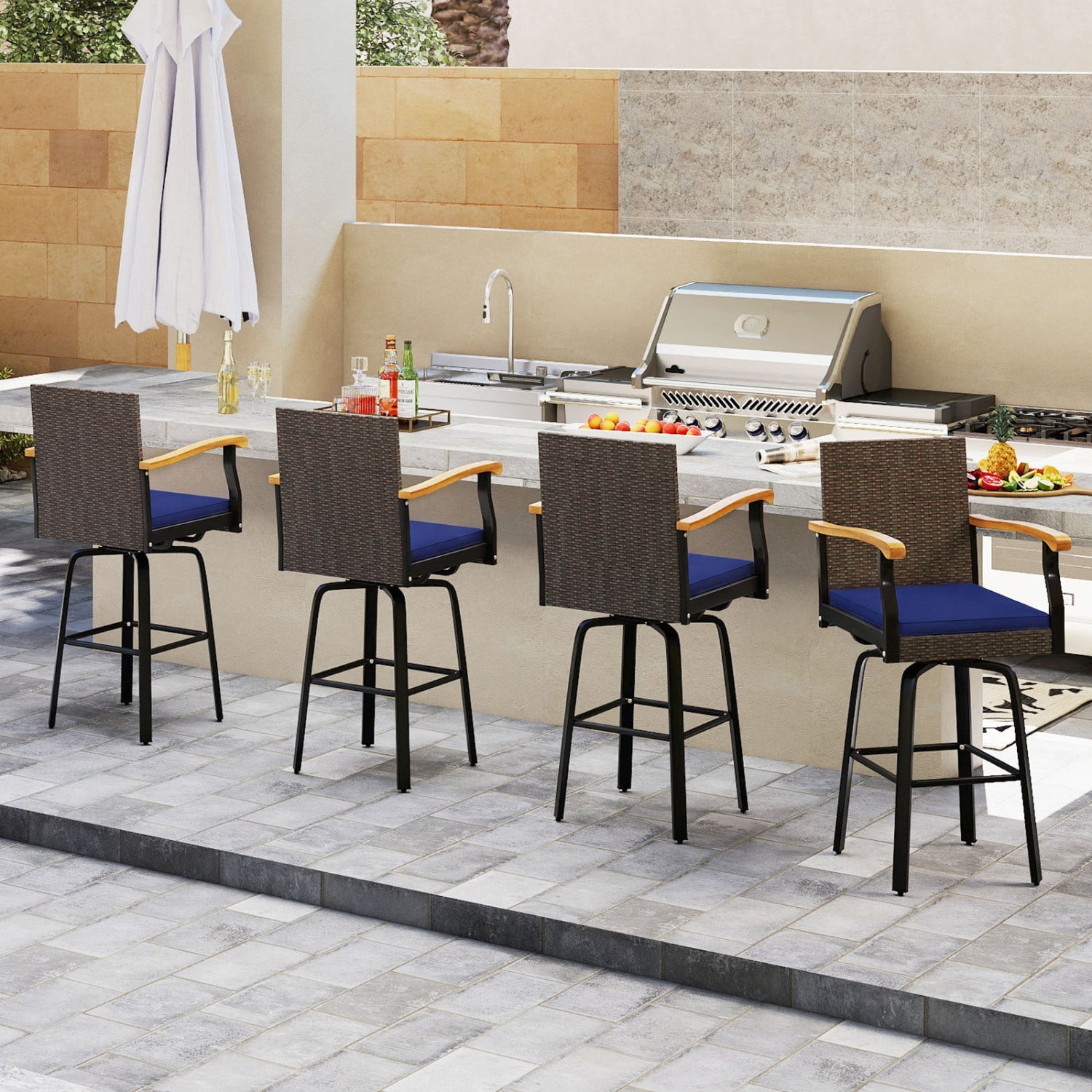 360° Swivel Outdoor Bar Stool with Cushion & Wood Armrests