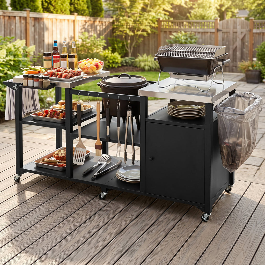 Outdoor Grill Cart with Stainless Steel Tabletop & Cabinet