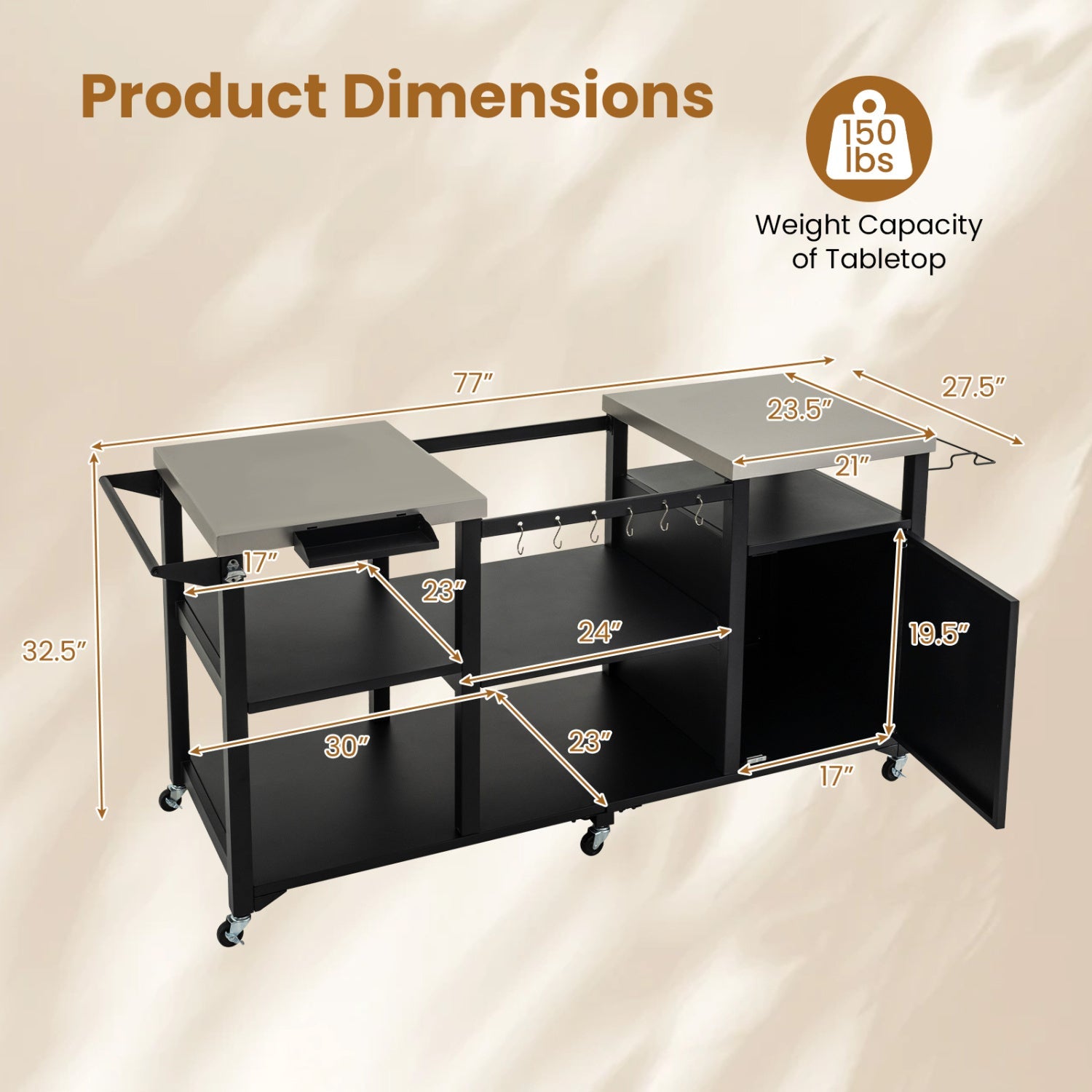Outdoor Grill Cart with Stainless Steel Tabletop & Cabinet