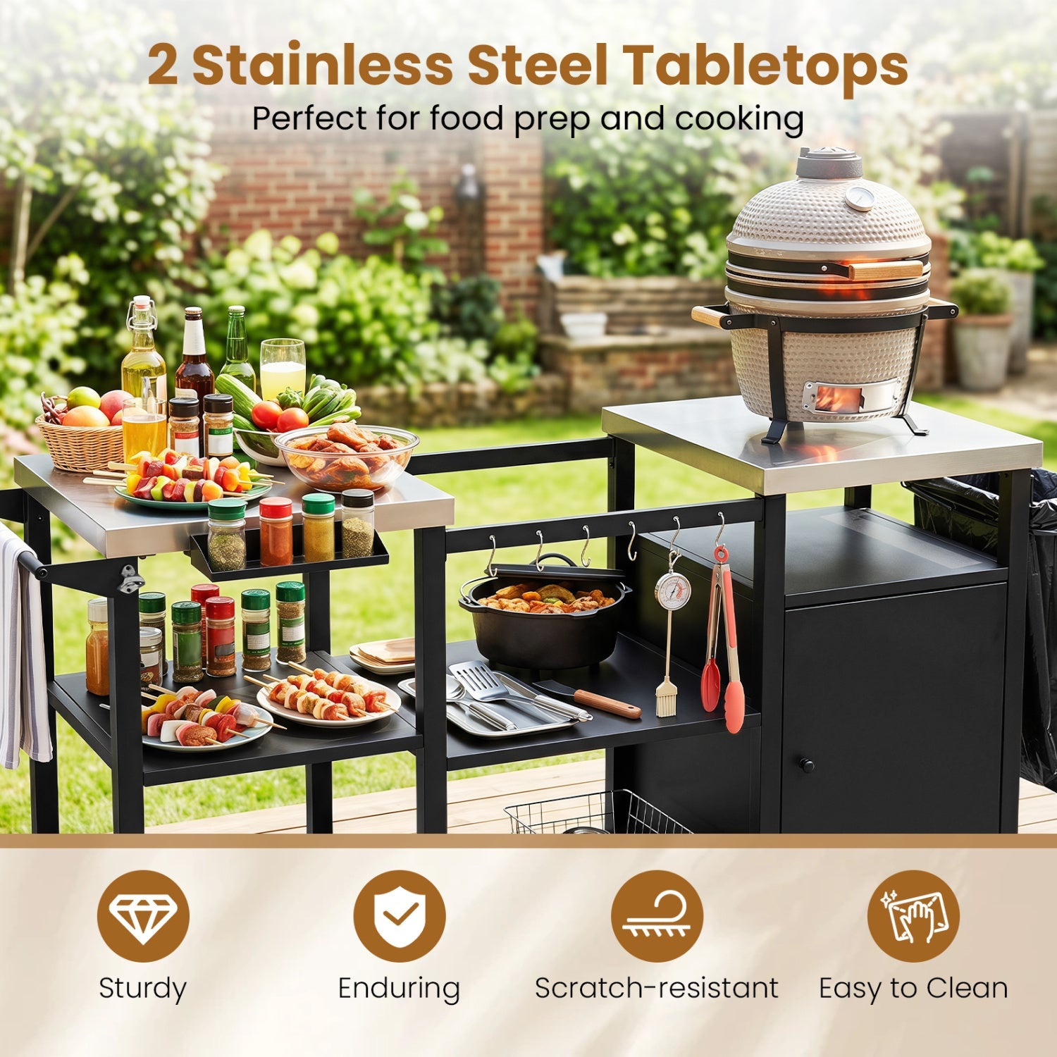 Outdoor Grill Cart with Stainless Steel Tabletop & Cabinet