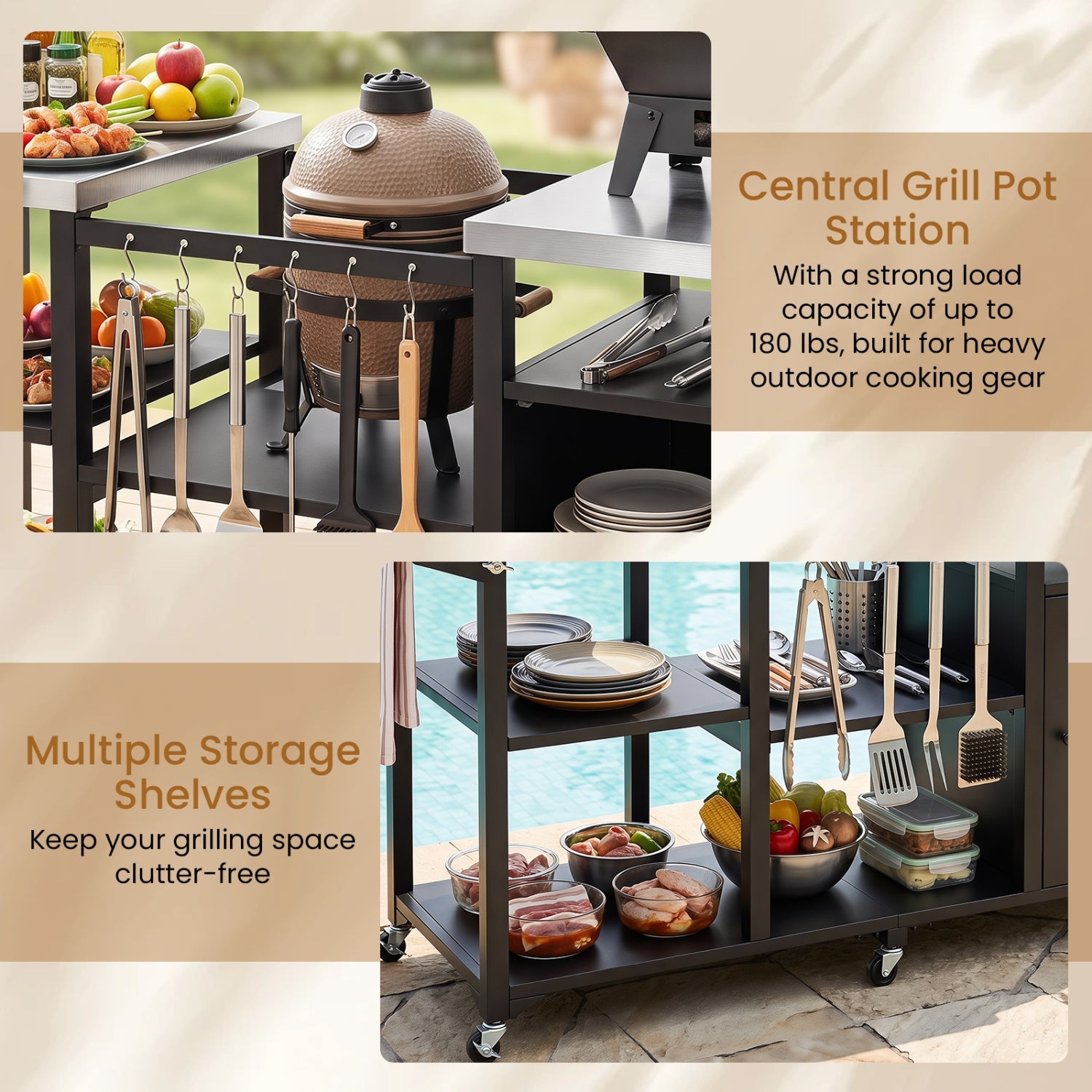 Outdoor Grill Cart with Stainless Steel Tabletop & Cabinet