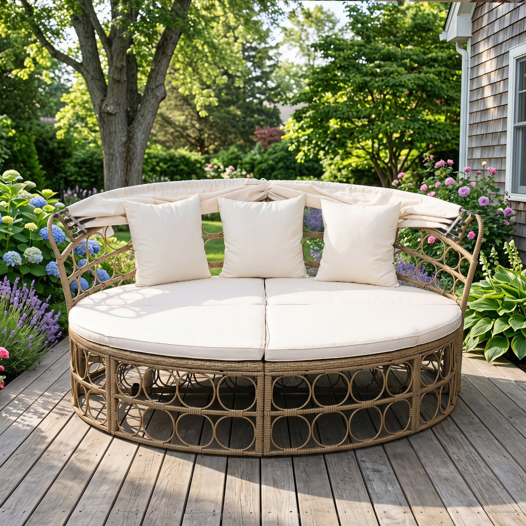 Outdoor Patio Daybed with Retractable Canopy and Cushions