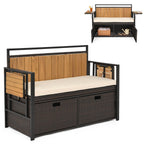 Outdoor Storage Bench with 2 Side Tables and Cushioned Seat