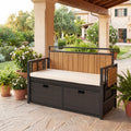 Outdoor Storage Bench with 2 Side Tables and Cushioned Seat