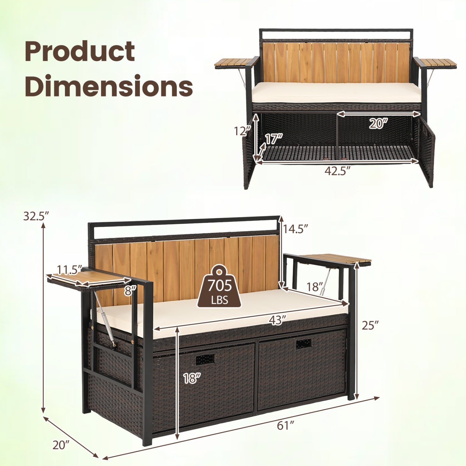 Outdoor Storage Bench with 2 Side Tables and Cushioned Seat