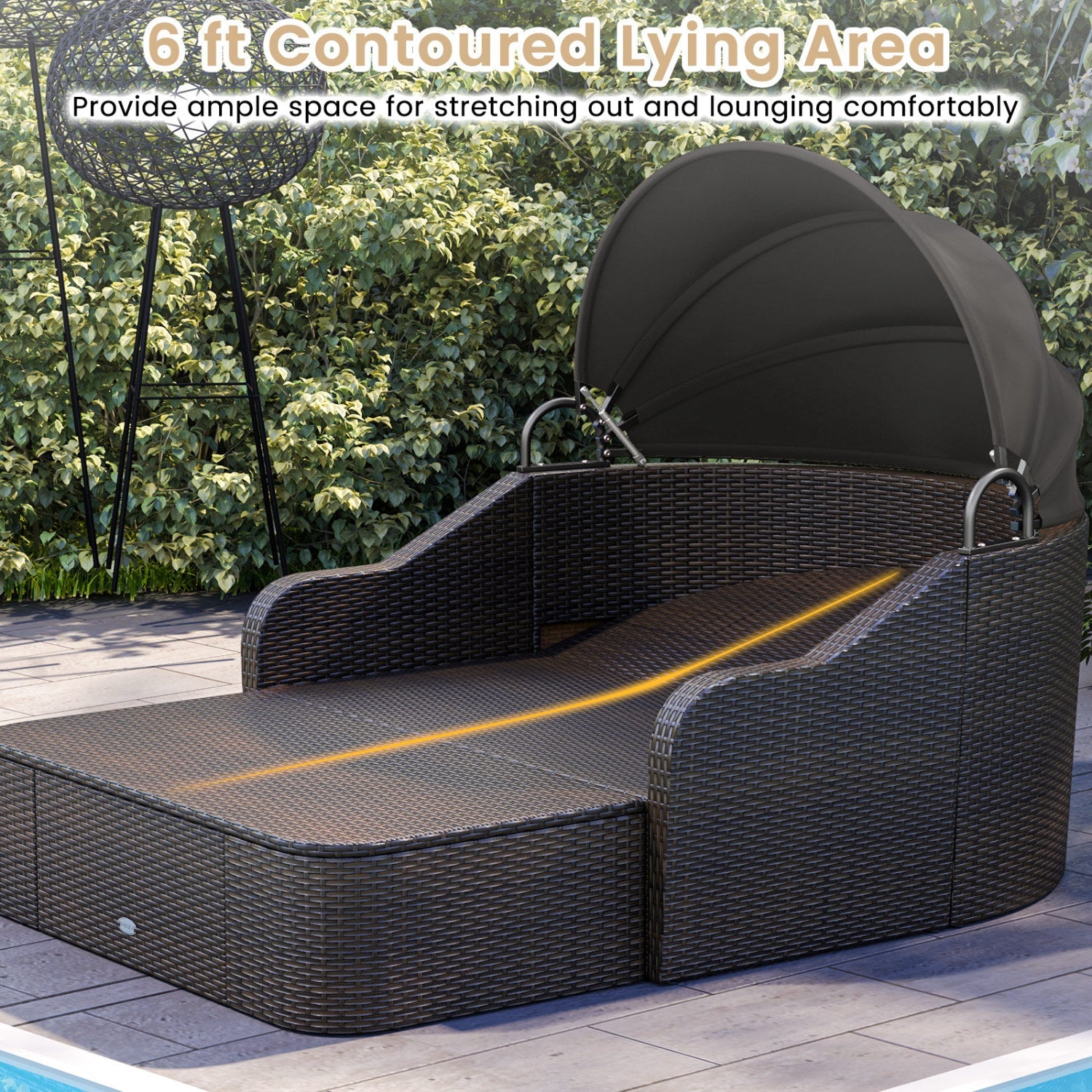 Outdoor Rattan Daybed with Retractable Canopy and Cushions