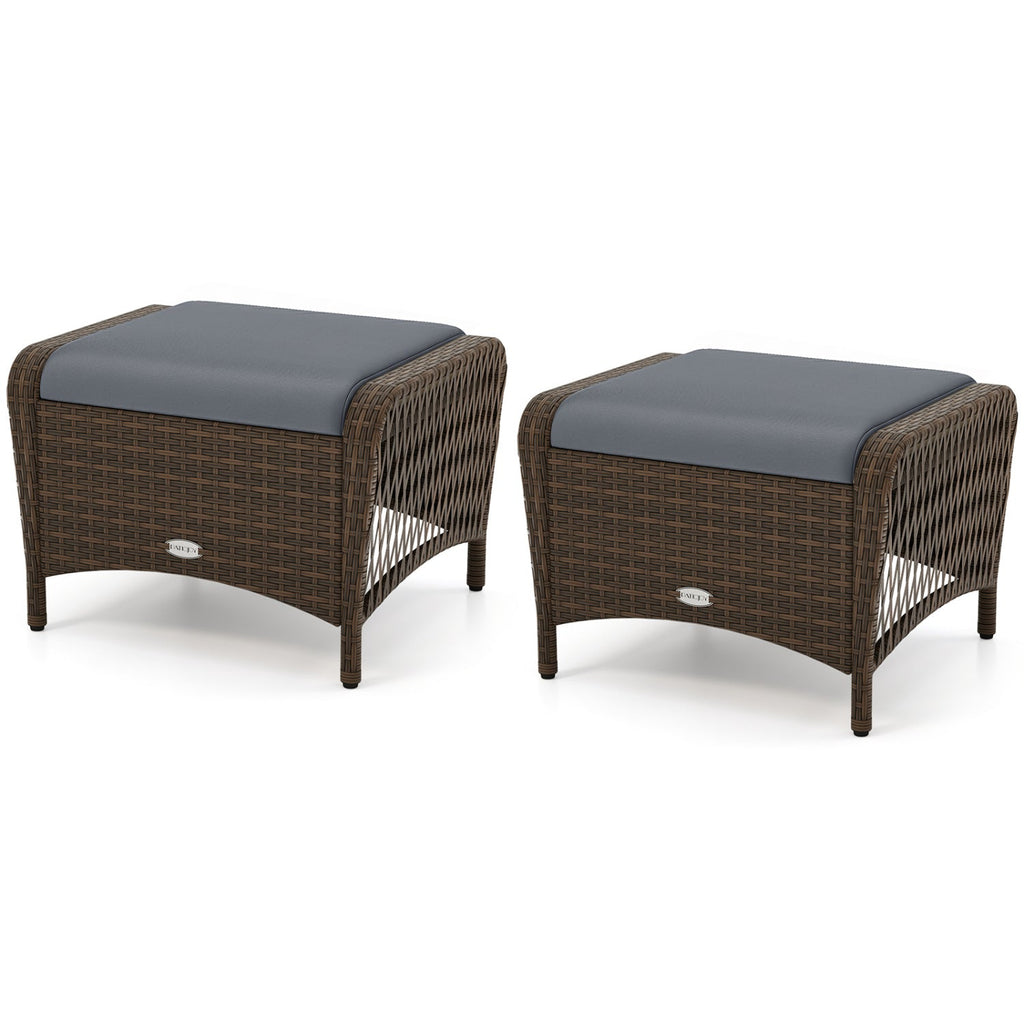 Outdoor PE Wicker Ottomans Set of 2 with Removable Cushions