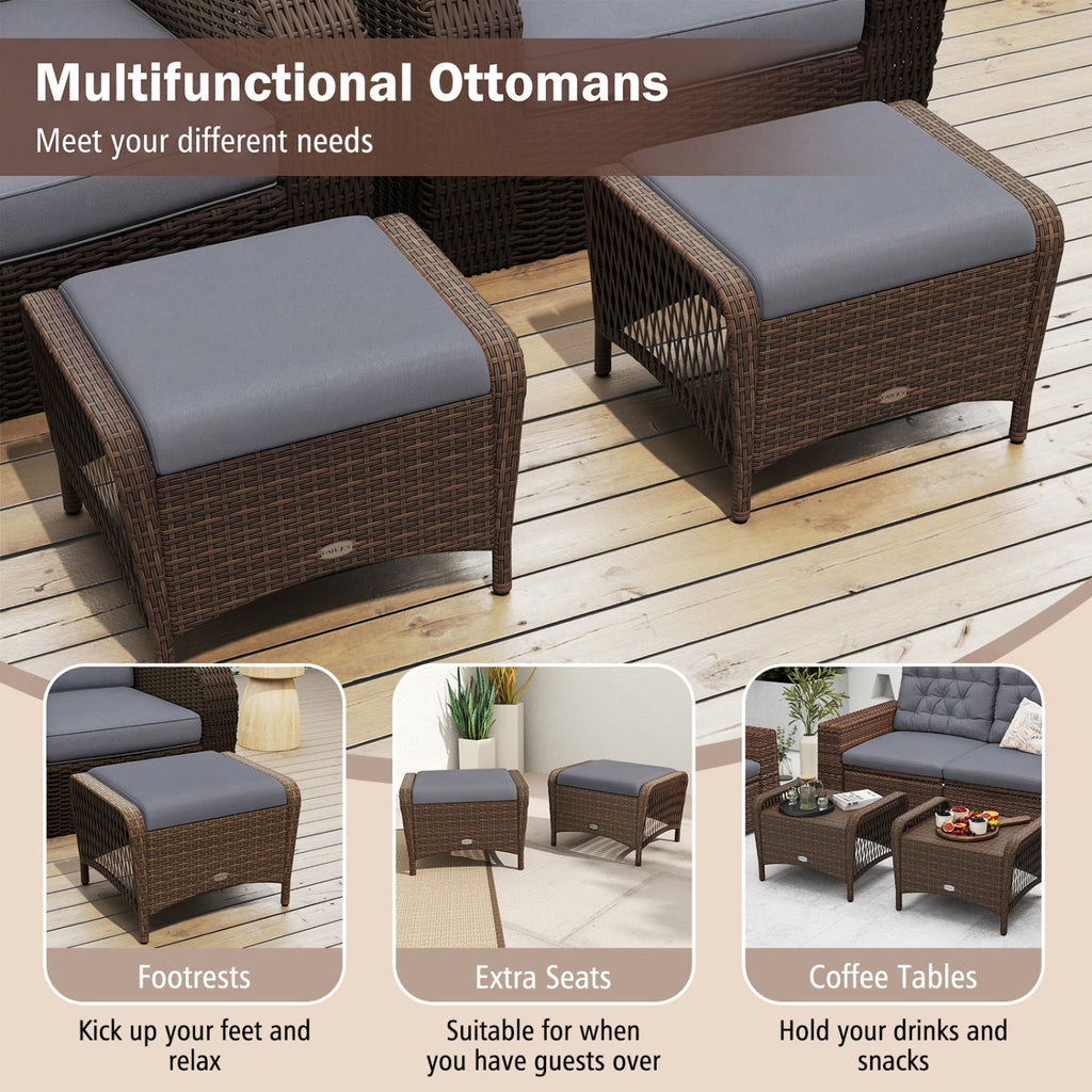 Outdoor PE Wicker Ottomans Set of 2 with Removable Cushions
