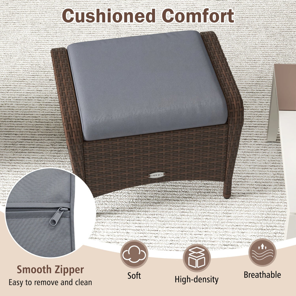 Outdoor PE Wicker Ottomans Set of 2 with Removable Cushions