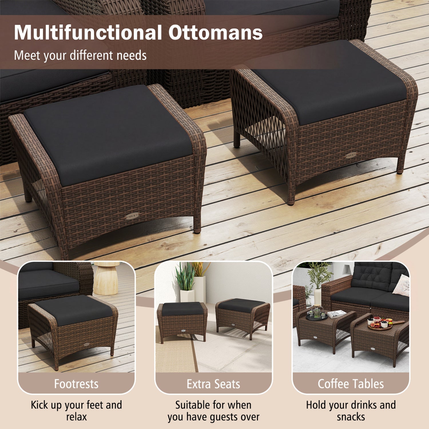 Outdoor PE Wicker Ottomans Set of 2 with Removable Cushions