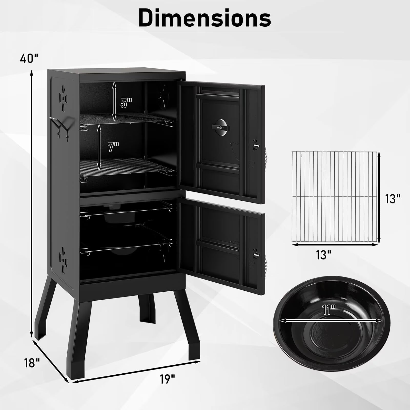 40'' Vertical BBQ Smoker W/Built-In Thermometer Adjustable Air Dampers for Party