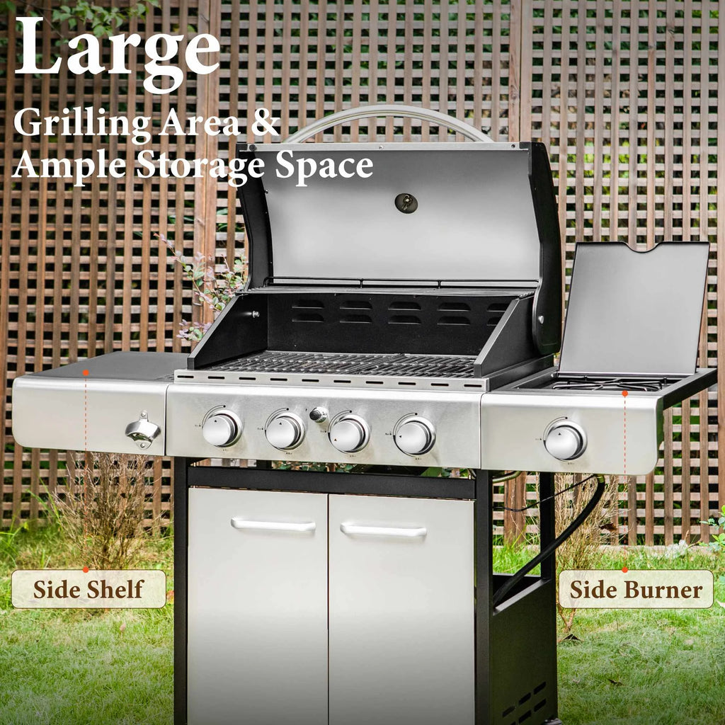 4 Burner Propane Gas Outdoor Grill with Side Burner Stainless Steel BBQ Grill
