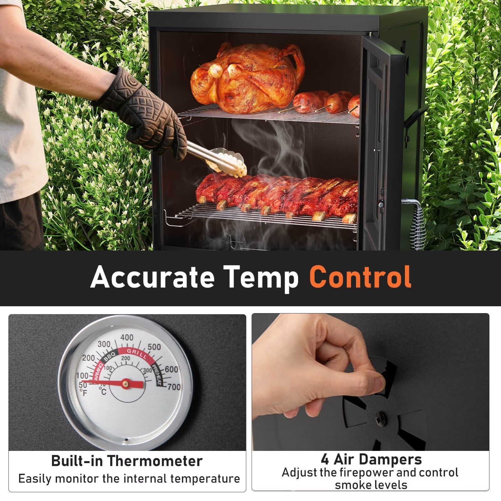 40'' Vertical BBQ Smoker W/Built-In Thermometer Adjustable Air Dampers for Party