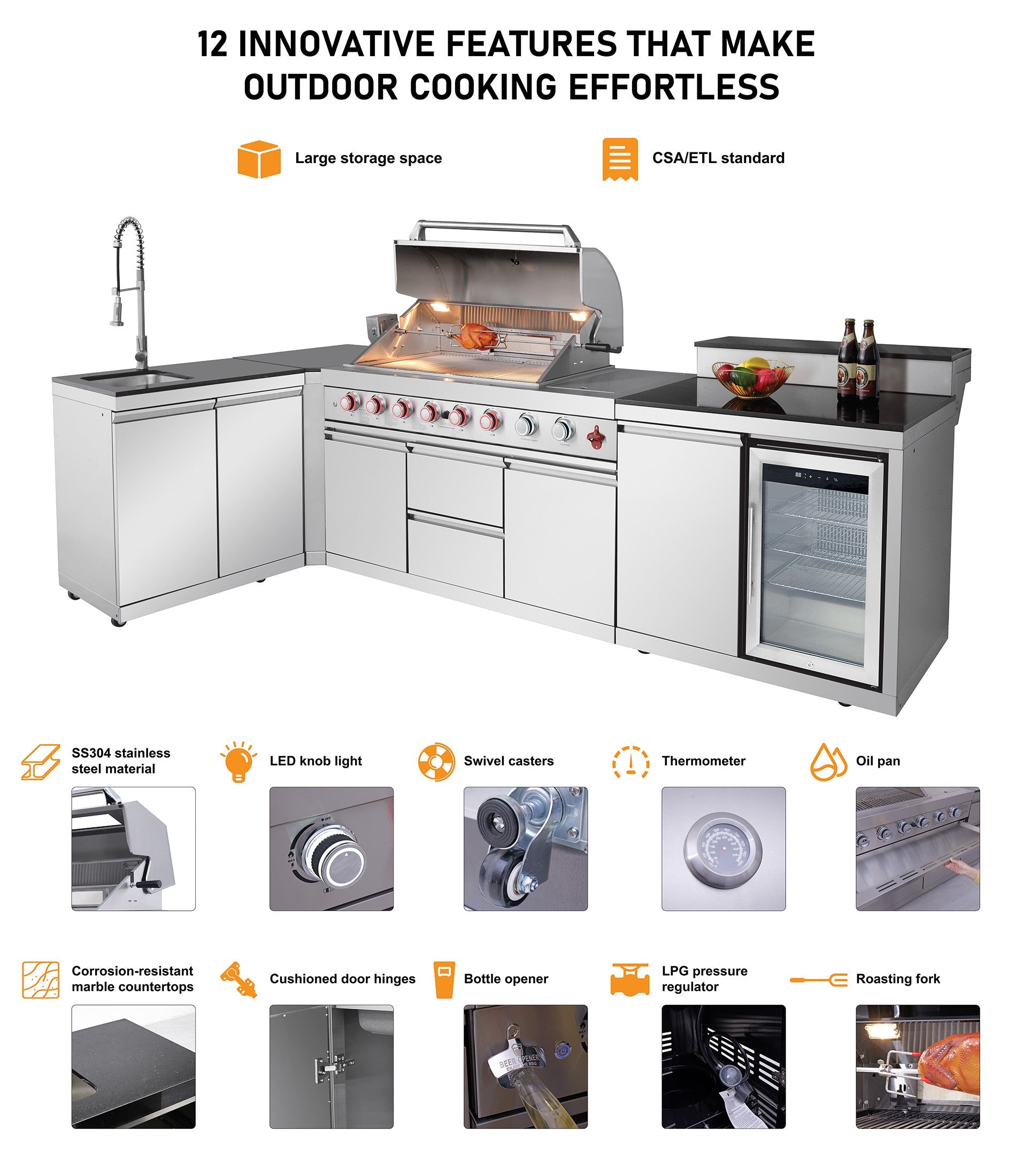 Outdoor Kitchen Island 82.5 Inch 6-Burner Propane Gas BBQ Grill