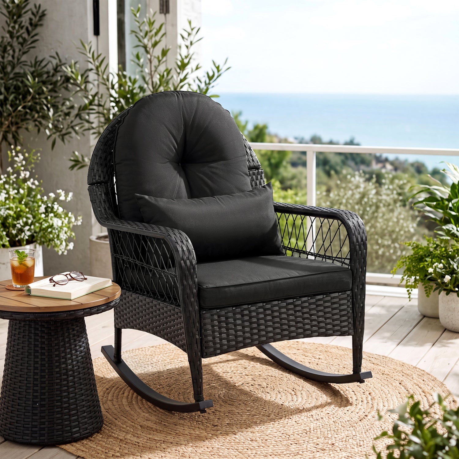 Outdoor Wicker Rocking Chair with Cushions and Anti-Tip Stoppers